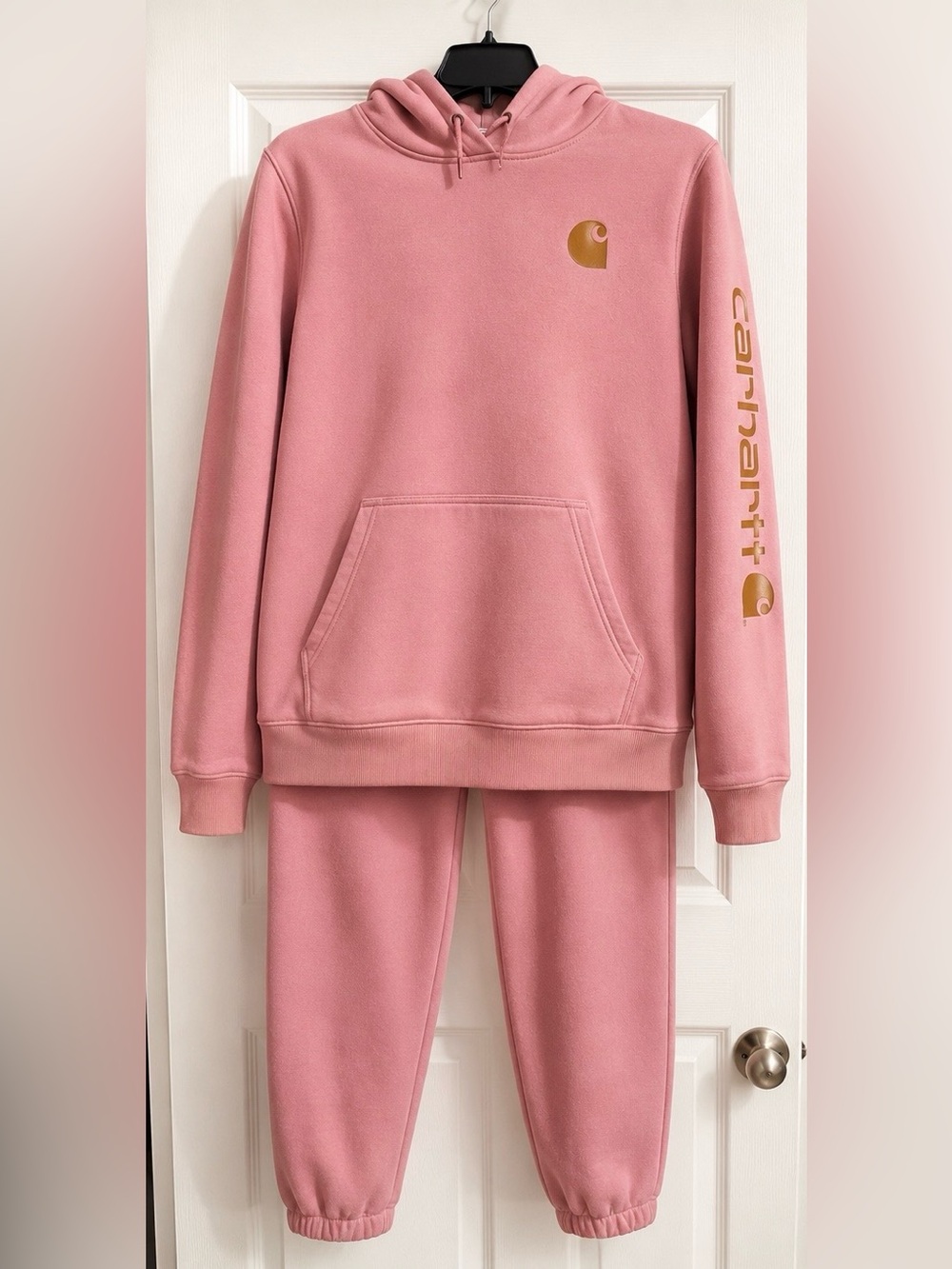 Carhartt Women’s Rose Pink Pullover Sweatsuit Set with Gold Logos